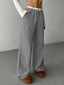 SHEIN EZwear 女士休闲宽松针织阔腿运动裤，灰色 - 深灰色 - 查看 3