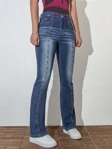 女款朋克風款式鉚釘彈性修身喇叭牛仔褲 - 深色水洗藍 - 查看 5