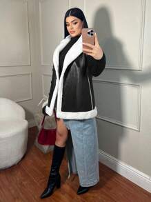 SHEIN SXY Autumn/Winter Warm Padded PU Leather & Fluffy Vest - Black and White - View 5