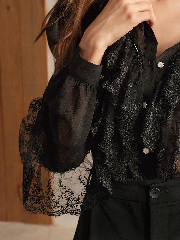 Elegant French Lace Ruffle Hem Black Chiffon Blouse, Fall/Spring Women Shirt
