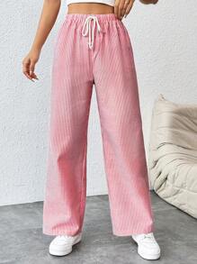 SHEIN PETITE Damen Gerade geschnittene Hose mit Bundschlaufe und Nadelstreifen - Rot-Weiß - Übersicht 1