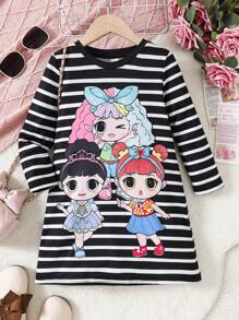 SHEIN Leap Crew Đầm cổ tròn họa tiết sọc đan dễ thương cho bé gái trẻ - Đen và trắng - Xem 1