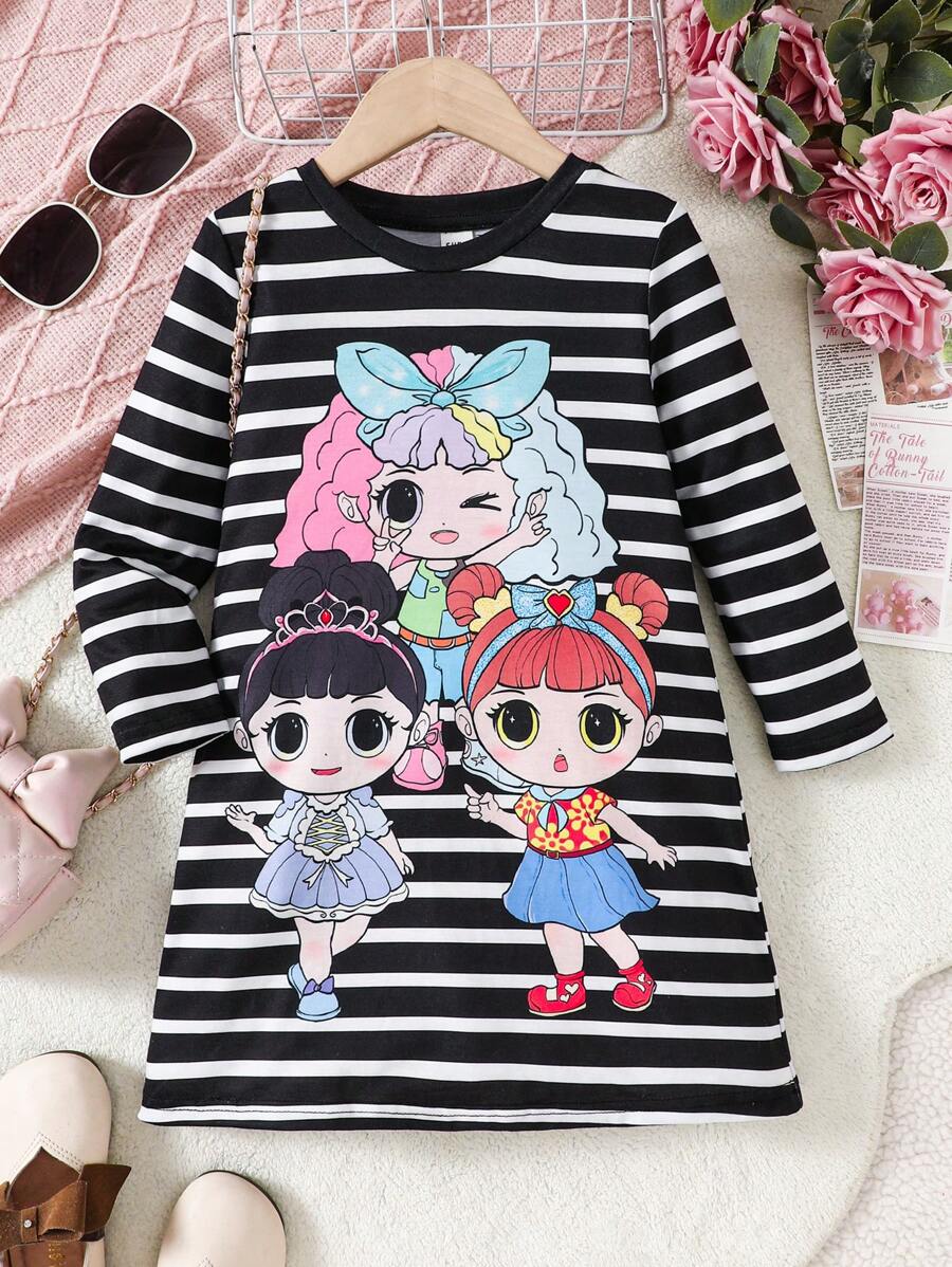 SHEIN Leap Crew Đầm cổ tròn họa tiết sọc đan dễ thương cho bé gái trẻ - Đen và trắng - Xem 1