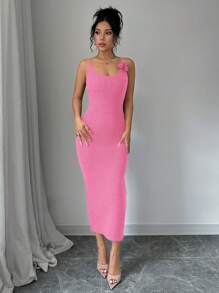Elenzga Vestido de suéter de tirantes ajustado con decoración floral elegante para mujer, otoño/invierno