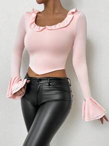 Chiquease Elegant Ruffle Trim Round Neck T-Shirt Fall Cloth For Women - Baby Pink - View 6