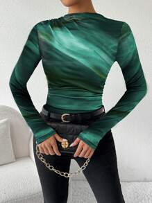 Chiquease Camiseta de manga larga con estampado de teñido anudado asimétrico y fruncido para mujer, blusas para mujer de primavera y otoño - Verde - Ver 6