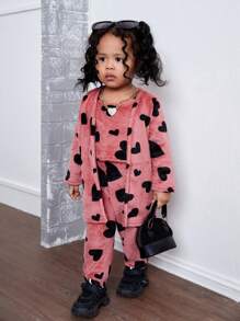 SHEIN 3 peças Conjunto de Jaqueta e Calça de Padrão de Coração Fofinho e Médio Comprimento para Bebê Menina, Outono/Inverno - Vermelho - Visão 6