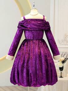 Tween Girls' Open Shoulder Long Sleeve Bowknot Decor Maxi Elegant Dress - Apricot - View 2