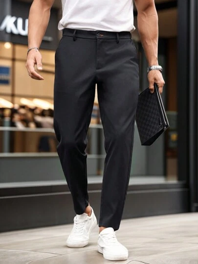 Calvornis Men's Solid Color Pocket Casual Straight Leg Pants For Daily Wear, Plain Long Vacation Slacks Drawstring Pants, For Husband, Boyfriend Gifts, Fall