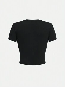 SHEIN Girlism Atasan Rajut Leher Bulat Lengan Pendek Pas Badan Bergaya Sporty untuk Remaja Perempuan - Hitam - View 2