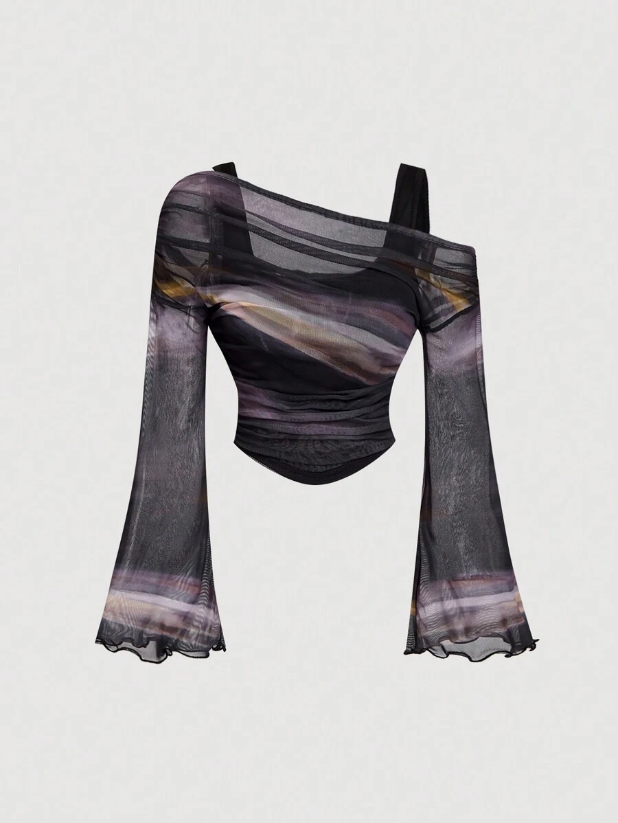 SHEIN MOD Black Off-Shoulder Mesh 2in1 Trumpet Sleeve Long Sleeve Women's Top,Western,Vintage,70s,The Bachelorette