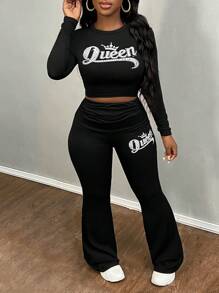 Slaydiva Plus Size Autumn And Winter New Casual Women's Round Neck Long-Sleeved Truncated T-Shirt Cuffed Flared Trousers Black Slim Fit Suit QUEEN English Letters Printed Imitation Diamond Printed
