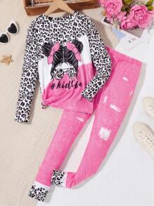 Set de 2 piezas Parte superior de manga larga y leggings casuales y de con estampado de leopardo para niña preadolescente