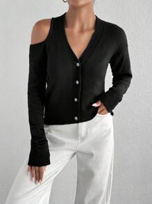 EURMUSE WOMEN CUT OUT DETAILED CASUAL THIN BLACK SWEATER CARDIGAN - Black - View 3