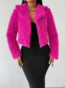 SHEIN Lady Cappotto in pelliccia finta corto a pelo lungo di colore rosso rosa per donna, cappotto in pelliccia finta adatto per lavoro, festa, primavera e autunno, cappotti morbidi e soffici - Fucsia - Visualizzare 5