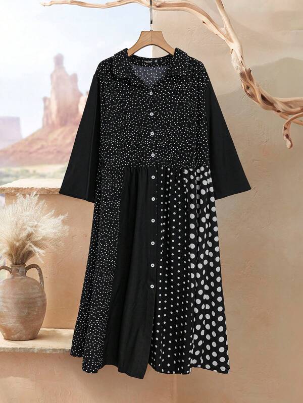 EMERY ROSE Rochie cămașă lungă, casual, cu mâneci lungi, cu imprimeu cu buline, de primăvară și vară