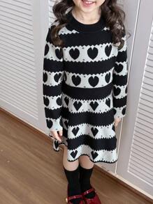 DAZY Young Girl Heart Pattern Long Sleeve Knitted Sweater Dress, Autumn/Winter - Black and White - View 3