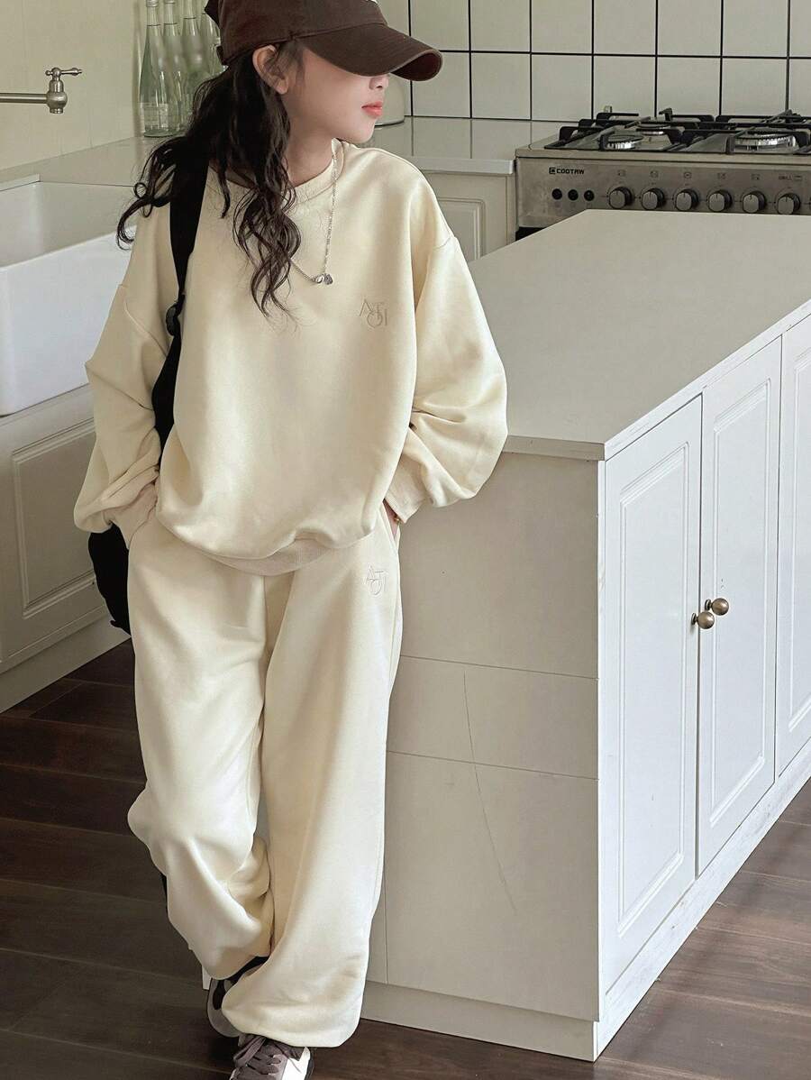 Dazy Kids 2pcs/Set Tween Girls Crew Neck Letter Embroidery Sweatshirt Outfit, Fall