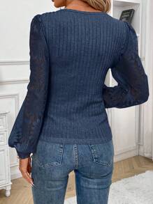 SHEIN Frenchy Women's Solid Color Ruched Sweetheart Neck Long Sleeve Blouse Winter Casual Blue Spring - Navy Blue - View 2