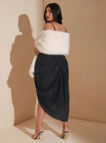 SHEIN BAE 大码女式秋冬奶油杏色毛皮斗篷外套，适合节日派对、日常通勤、生日聚会等场合穿着，秋冬Y2K风格毛皮材质。 - 杏色 - 查看 2