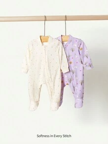 Cozy Pixies 2pcs Newborn Baby Boy Tree, Rabbit & Mushroom Pattern Knit Soft Crew Neck Long Sleeve Romper With Footies Pajama Set - Mauve Purple - View 1