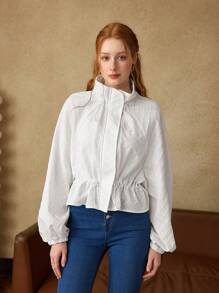 SHEIN MOD Veste court ample pour femme col montant, manches raglan, boutons de cochon, élastique réglable