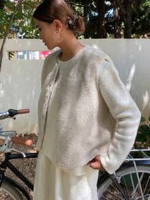 DAZY 女士休闲无袖仿羊羔绒背心外套，秋季女装外套 - 米色 - 查看 4