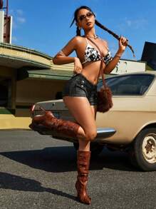 SHEIN ICON Shorts di jeans casual skinny con tasche a patta per donna