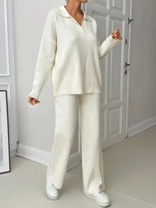 EURMUSE Woman Loose Fit Comfy Warm Thick Polo Neck Sweater And Pants Co-Ords Two Piece Set - Beige - View 3