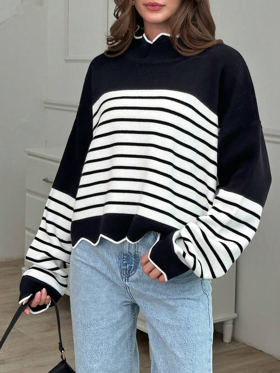 EURMUSE Women Stripe Pattern Mock Neck Drop Shoulder Pullover - Black - View 1