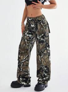 SHEIN EZwear Pantalones vaqueros casuales anchos de pierna ancha con bolsillos utilitarios de estampado total para mujeres