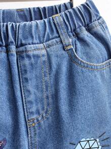 SHEIN Playful Pals Young Girl' Cute Printed, Distressed, Soft Washed Denim Jeans