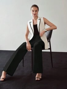 MOTF PREMIUM SOLID GOLD BUTTON DETAIL SLANT POCKET SEAM FRONT WIDE LEG PANTS - Black - View 6