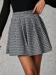 SHEIN Tall 100% Cotton Women's Houndstooth Patterned Knitted Mini Skirt With Elastic Waist - Black and White - View 1