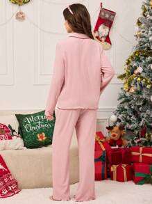 少女睡衣两件套，粉色简约樱桃刺绣长裤和长袖开衫，时尚家居服 - 粉色 - 查看 2