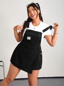 SHEIN EZwear 大码女式休闲宽松可调节肩带牛仔连体裤，蓝色 - 黑色 - 查看 3