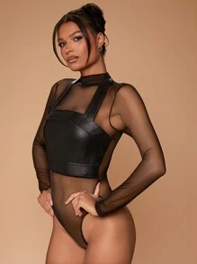 Hauture Sheer Mesh Bodysuit With Leather Top - Black - View 5