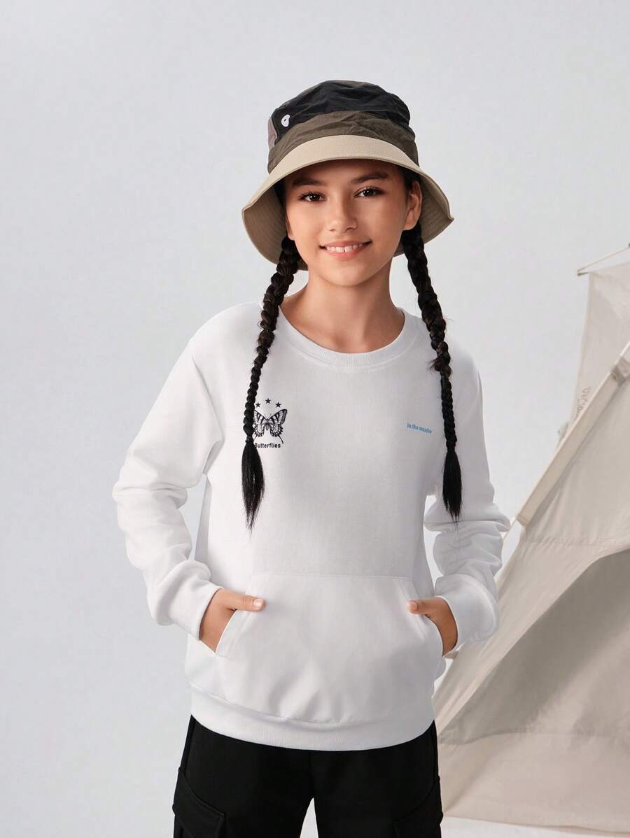 SHEIN 少女秋冬时尚蝴蝶动物图案抓绒保暖休闲运动套头卫衣,带口袋 - 白色 - 查看 1