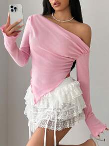 SHEIN ICON 女式纯色秋季不对称领口长袖罗纹休闲 T 恤 - 粉色 - 查看 5