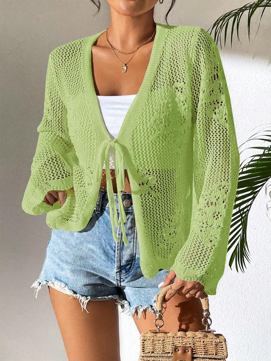 Breezaya Women's Solid Color Hollow-Out Lace-Up Front Loose Casual Cardigan - Green - View 1