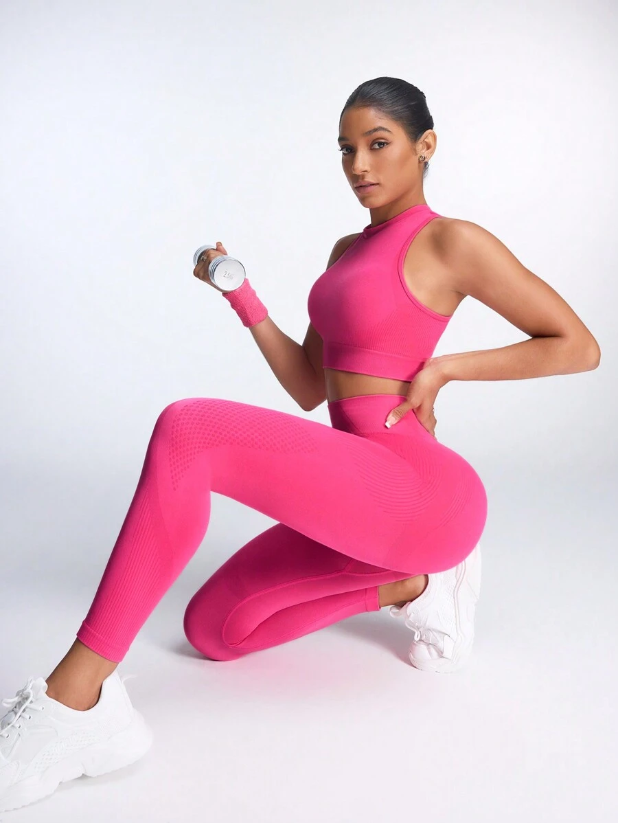 SHEIN Yoga Basic 2 piezas Conjunto de ropa deportiva y yoga sin costuras para mujer - Rosa Fucsia - Ver 1