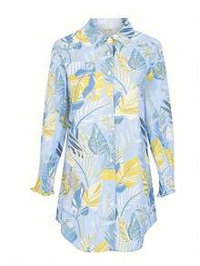 Damska bluzka z długim rękawem i wzorem liści, z kołnierzykiem typu "koszula" - Jasnoniebieski - Zobacz 3