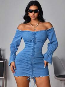 SHEIN ICON 女士露肩长袖荷叶边修身牛仔中长连衣裙 - 藍色 - 查看 5