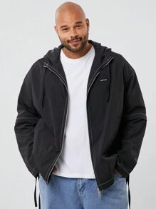 Manfinity VCAY 大码男士休闲梭织可拆卸袖连帽长袖夹克适合秋季、秋冬 - 黑色 - 查看 1