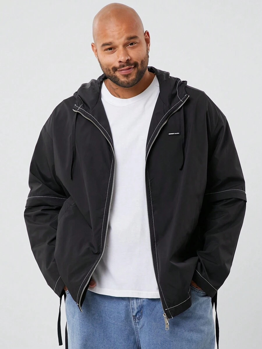 Manfinity VCAY 大码男士休闲梭织可拆卸袖连帽长袖夹克适合秋季、秋冬 - 黑色 - 查看 1