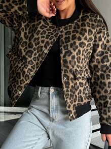 INAWLY 大码休闲豹纹夹克，秋冬 - 卡其色 - 查看 3