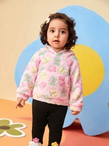 SHEIN 2pcs Baby Girls' Floral Print Hoodie Sweatshirt And Pants Set With 3D Small Flowers, Cute Outfit For Outdoor