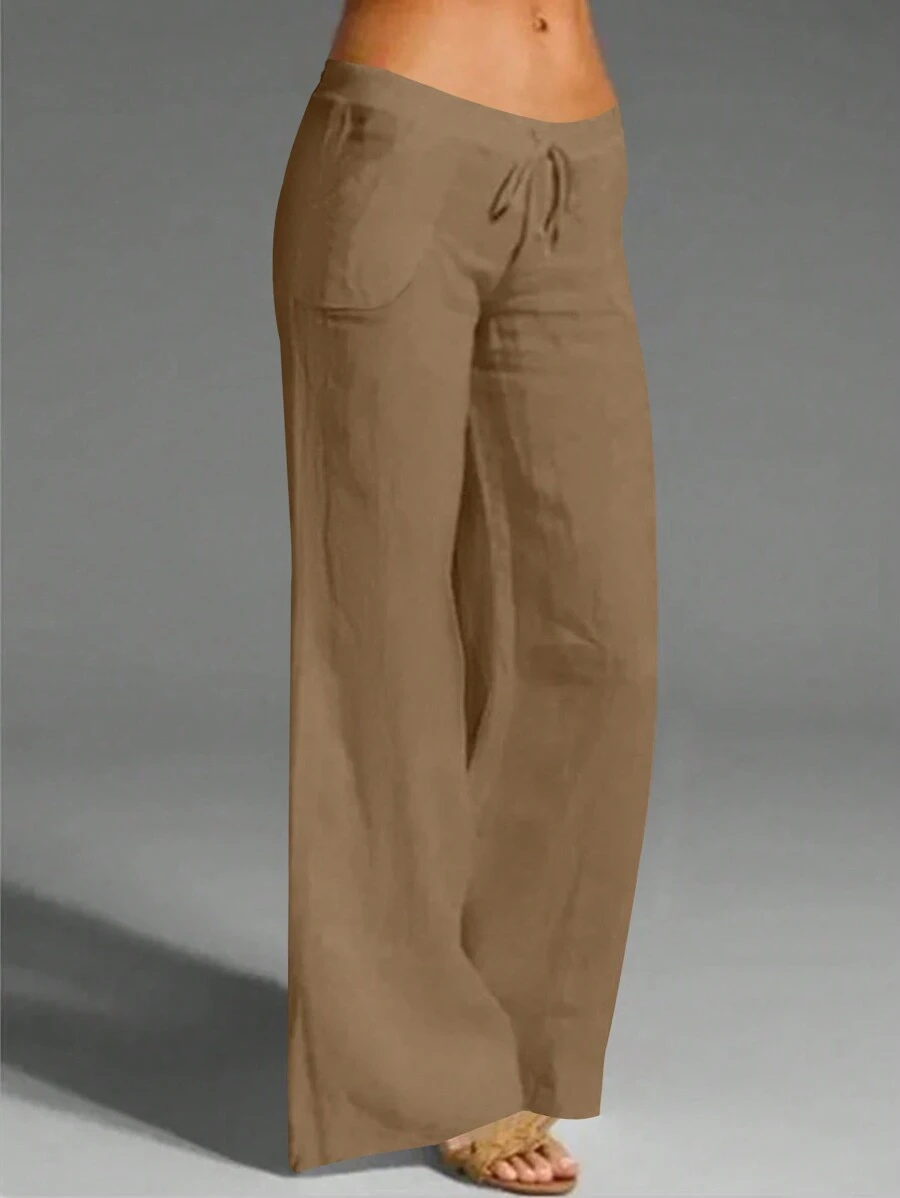 EMERY ROSE 女式白色亚麻休闲口袋长裤，春夏 - 卡其色 - 查看 1