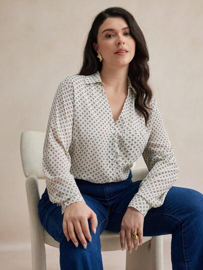 BizChic Plus Size Button Down All-Over Print Casual Long Sleeve Shirt