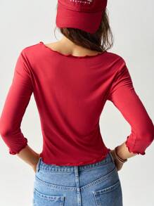 Bohemela Vacation Solid V-Neck Short Sleeve Fitted Regular Ladies' T-Shirt - Red - View 4